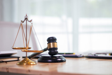 Professional female lawyer in a corporate setting discusses legal contracts and justice, advises...