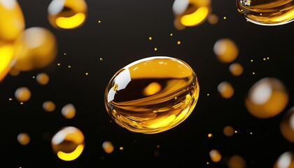 Golden Yellow Bubble Oil Or Serum Floating In Space - Skin Care Cosmetics Solution For Weightlessness With Drops Of Oil On Black Background.