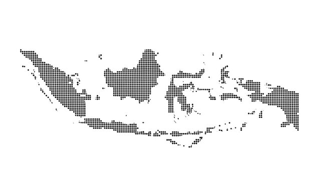 abstract vector illustration of the map of Indonesia made entirely of evenly spaced small black dots on a white background