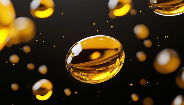 Golden Yellow Bubble Oil Or Serum Floating In Space - Skin Care Cosmetics Solution For Weightlessness With Drops Of Oil On Black Background.