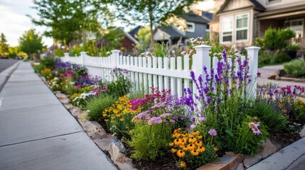 Vibrant flowerbeds line a white picket fence bordering a residential street