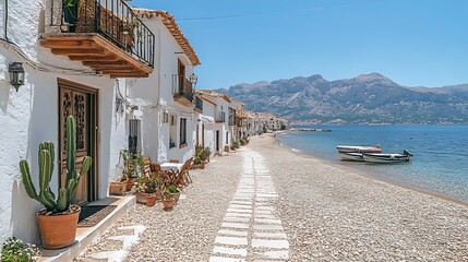 Fototapeta premium Picturesque coastal town with whitewashed buildings and a pebble beach.