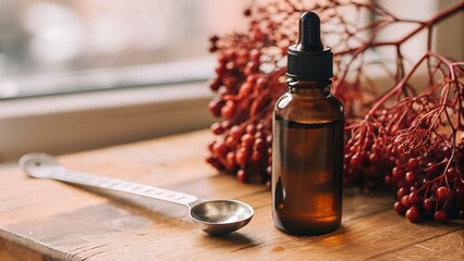 Brown glass dropper bottle with spoon and elderberries on wooden table  