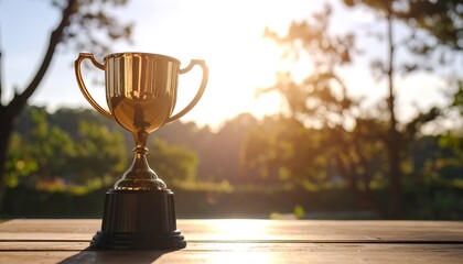Naklejka premium Golden trophy on wooden surface with natural background