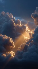 showing radiant beams of golden light bursting through thick, dramatic clouds in the sky