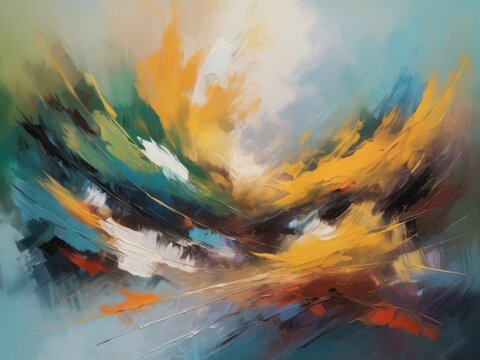Vibrant abstract brush strokes in teal, yellow, and orange tones
