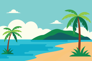 Fototapeta premium a serene tropical beach with palm trees, blue sea, and white clouds creating a peaceful scene vector illustration