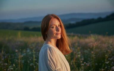 I am a woman - Photograph of a woman with flowing brown hair softly lit by soft natural light 