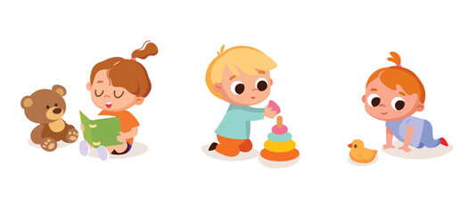 Children playing together. Kids activities. Toddlers crawling, reading and playing with toys.