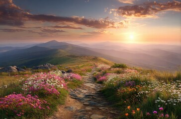 Fototapeta premium A sun-drenched mountain vista, wildflowers blooming along a stone path leading to a hazy horizon at sunset