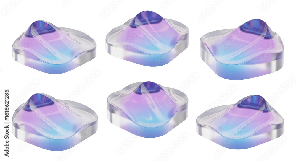 Poster six abstract iridescent glass shapes on white showcasing a futuristic design perfect for modern digi