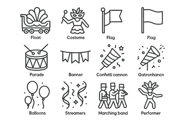 Carnival icons set featuring floats, costumes, flags, and festive elements