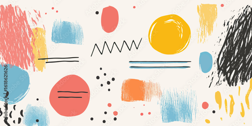 Poster abstract colorful brush stroke shapes with circles, scribbles, zigzags, dots, and lines on light bac