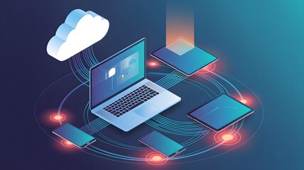 Modern cloud computing network illustration showing connected devices and cloud storage emphasizing data transfer and secure internet connectivity for business