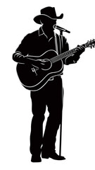 Silhouette of male country musician playing acoustic guitar and singing into microphone wearing cowboy hat black vector illustration