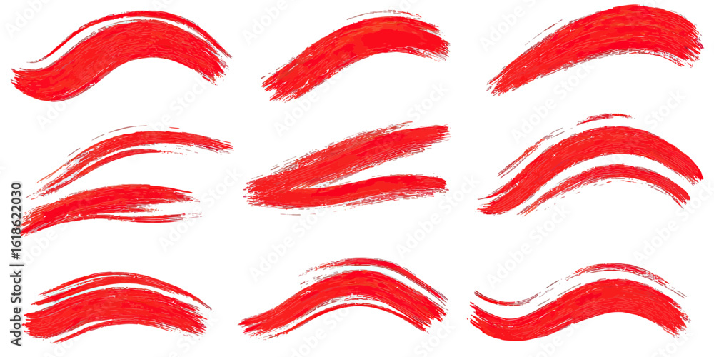 Poster set of red brush stroke underlines and swoosh accents with rough textured edges for highlighting, em