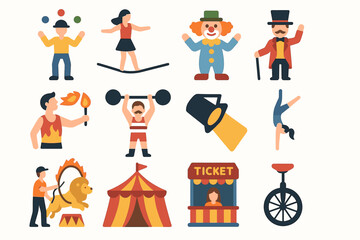 Fototapeta premium Colorful cartoon circus performers and attractions in playful style