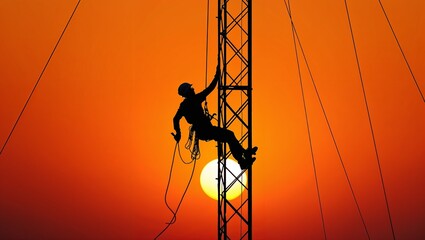 Worker climbing telecom tower at sunset
