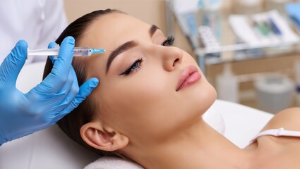Naklejka premium Woman receiving forehead injection in beauty clinic