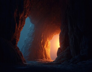 Fototapeta premium A cavern's mouth, dimly lit, reveals a bright orange glow emanating from a distant exit, contrasting with cool blue shadows within the rough rock walls