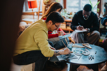 A group of friends engages in creative painting and drawing at a warm, inviting space, fostering creativity, collaboration, and fun.