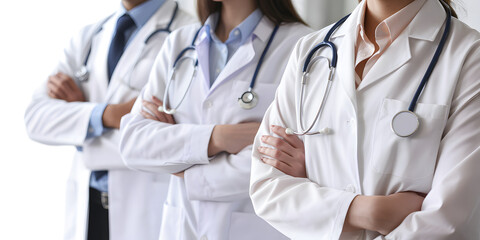 Confident medical professionals in white coats with stethoscopes, ready to provide care and support patients