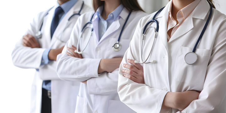 Confident medical professionals in white coats with stethoscopes, ready to provide care and support patients
