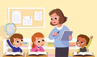 Classroom with kids and teacher. Teacher with students in a classroom. Teacher explaining lesson, introducing the subject to kids. Primary school kids. Children with hands up want to answer.