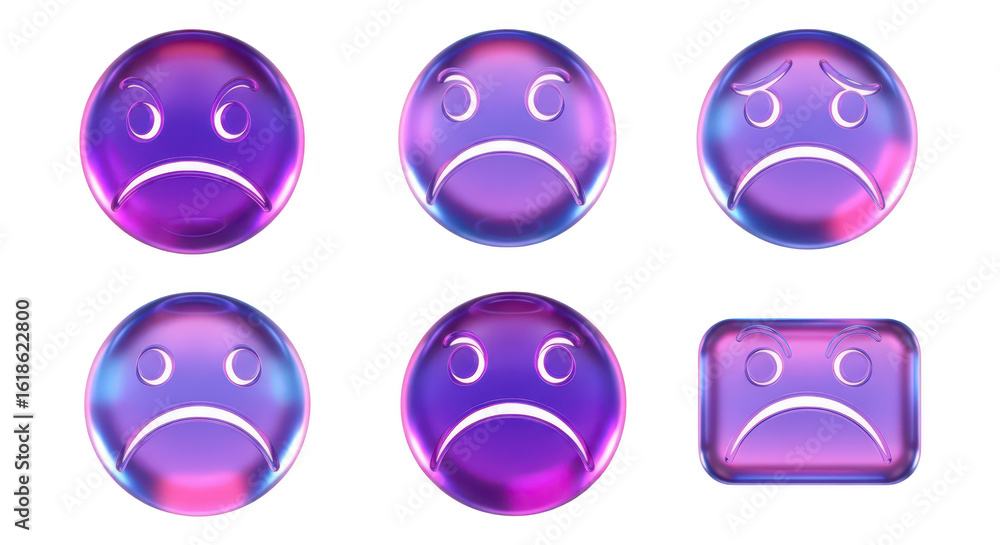 Poster moody glossy emoji set expressing different levels of sadness on a white background useful for ui/ux
