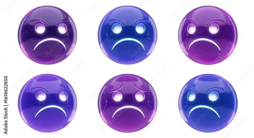Poster 3d glossy colorful angry emoticons float on white background symbolizing negative emotions for commu