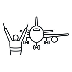 Airplane icon on runway with ground crew signaling in vector graphic style