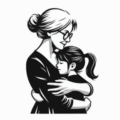 grandmother and granddaughter hugging with joy in a black and white vector illustration
