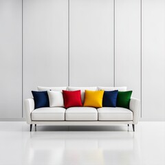 A stylish white modern sofa with vibrant throw pillows in a minimalist, bright living room interior features a clean and contemporary design aesthetic perfect for modern home