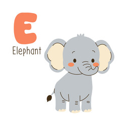 Cute cartoon illustration of an elephant with the letter E, ideal for kids' alphabet learning, educational posters, and nursery decor