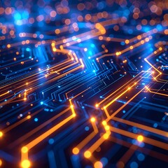 Fototapeta premium Digital Circuitry: Abstract Blue and Orange Glow Lines & Bokeh