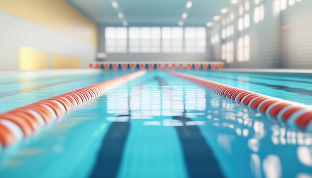 Vibrant Indoor Swimming Pool With Full Lanes And Clear Waters: A Welcoming Space For Sports, Recreation, And Training Activities With A Blurred Effect.