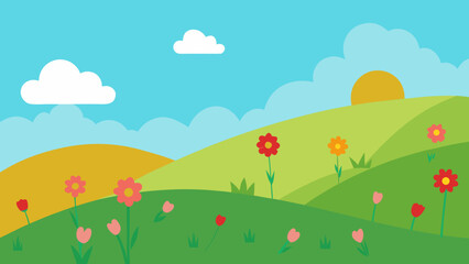 Sunny Windswept Hills Wildflowers Field Nature Landscape