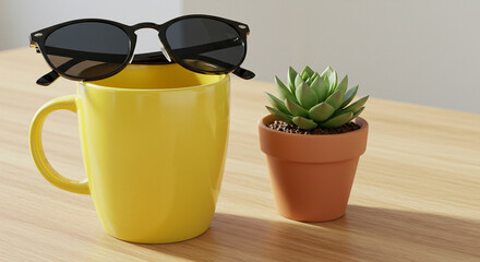 Sunny Still Life: Yellow Mug Sunglasses and Succulent on Wooden Table.