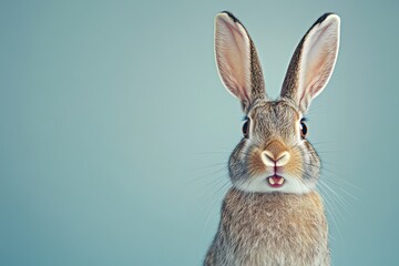 Funny surprised bunny with upright ears on pastel