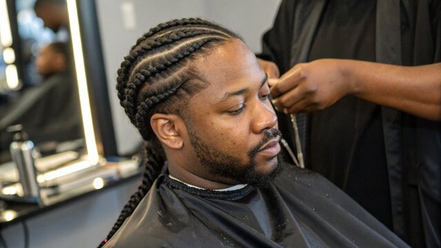 Close Up of African American Man Hair Braiding Session with Cornrow Style in Salon Setting