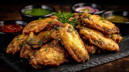 Crispy fried chicken wings piled high on a slate plate with assorted dipping sauces