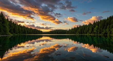 Fototapeta premium Golden Sunrise Over Calm Mountain Lake Reflecting Snowy Peaks and Pines 