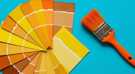 Paint Swatches in Yellow Orange and Brown Tones with Paintbrush on a Bright Blue Background Creative Color Palette Selection