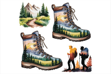 A simple and clear name for this image could be:
Red winter boots standing on snow in a colorful illustration
