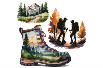 A simple and clear name for this image could be:
Red winter boots standing on snow in a colorful illustration
