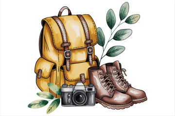 Cartoon vector of hiking boots and backpack near palm trees on a summer holiday