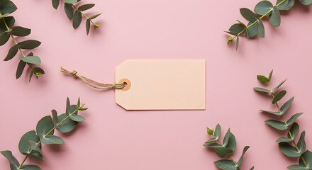 Blank Tag Mockup Pastel Pink Eucalyptus Leaves