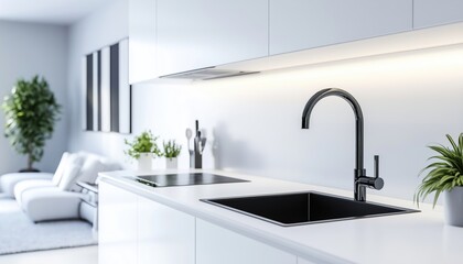 Luxurious Modern Home Interior Featuring White Furniture, Kitchen With Sink, Black Oven, And Led Lighting System