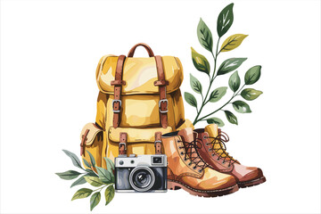 Cartoon vector of hiking boots and backpack near palm trees on a summer holiday