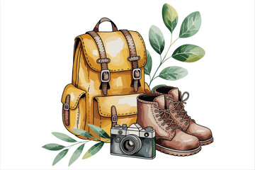 Cartoon vector of hiking boots and backpack near palm trees on a summer holiday